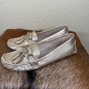 Antonio Melani Women 10M Loafers Gold Metallic‎ Leather Tassels Coastal Glam Moc